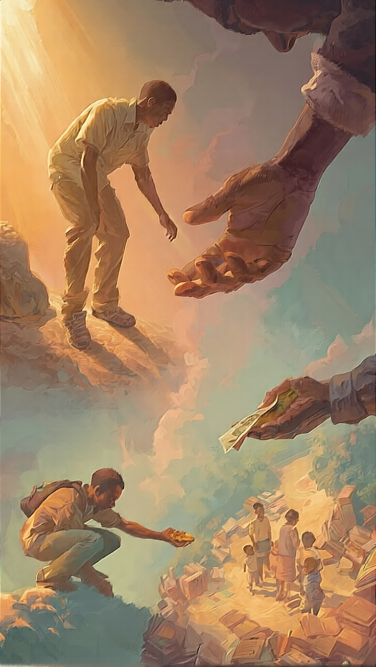 One hand reaches down to lift a climber onto solid rock while another merely drops coins to people scavenging below &mdash; a hand up versus a handout.
