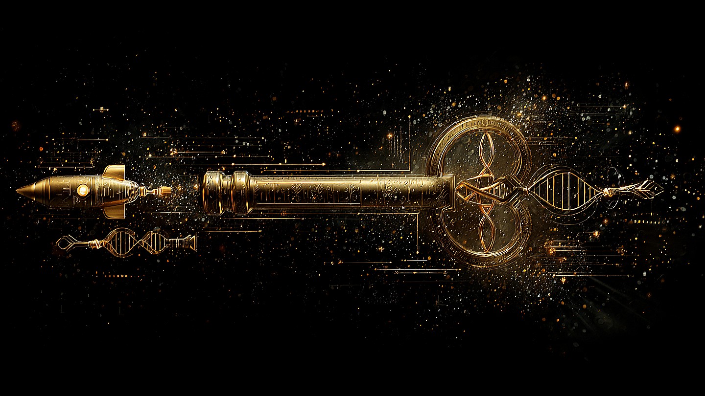 An ornate golden key on black - its ends forged from a rocket, a DNA double-helix, and a surveyor's mark, the three tools of the Sovereign Vault.