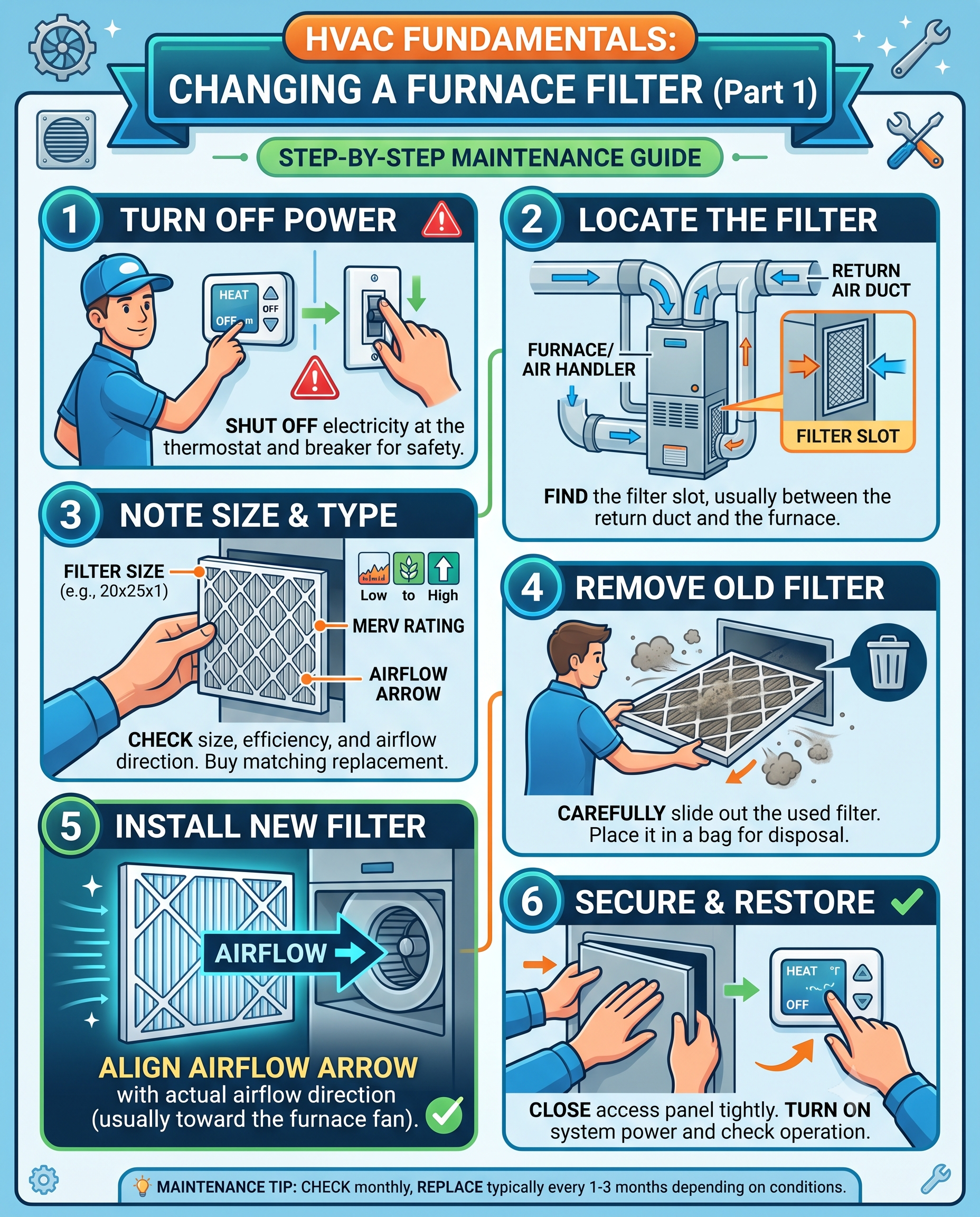 HVAC Fundamentals: Changing a Furnace Filter — six-step illustrated maintenance guide