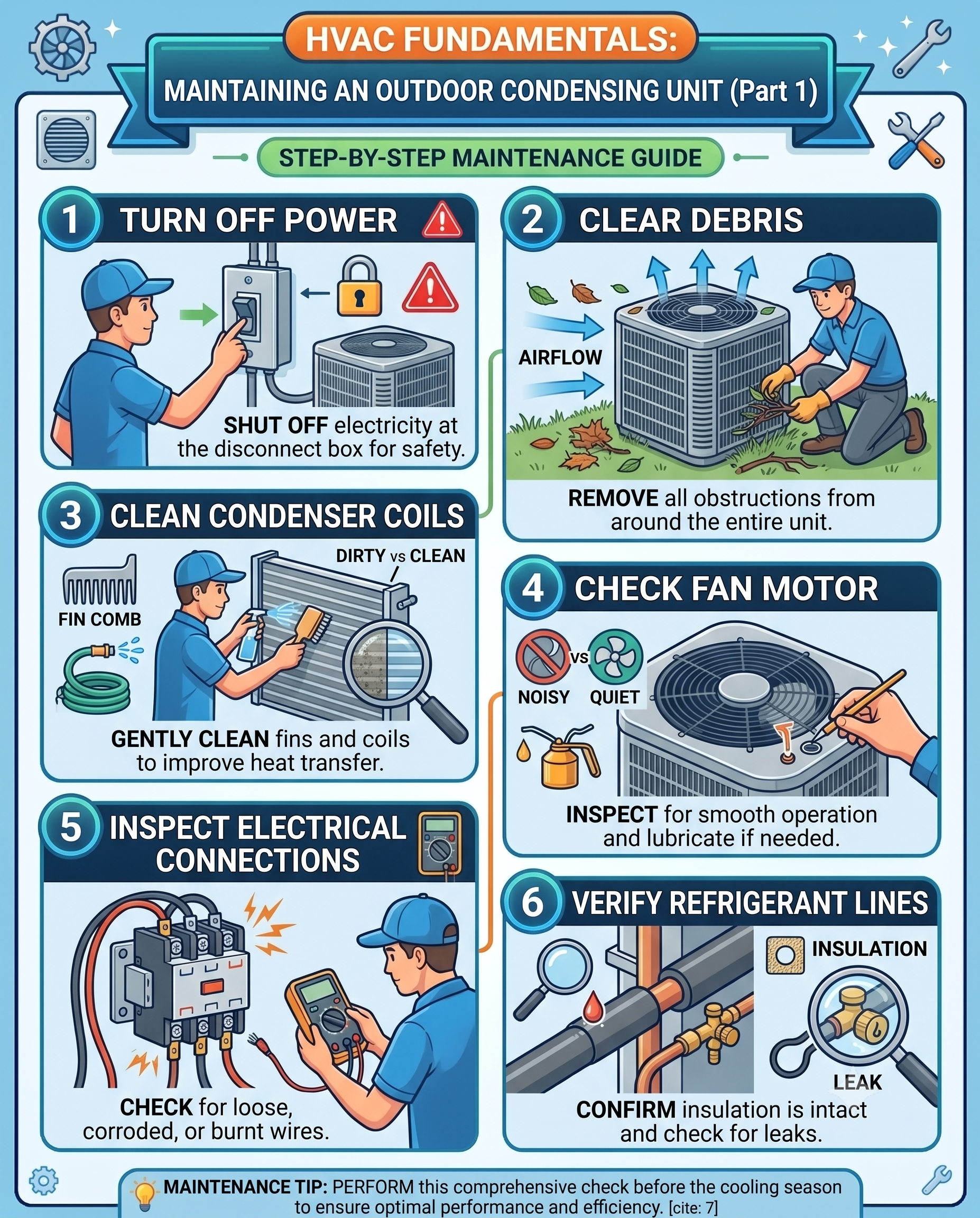 HVAC Fundamentals: Maintaining an Outdoor Condensing Unit — six-step illustrated maintenance guide