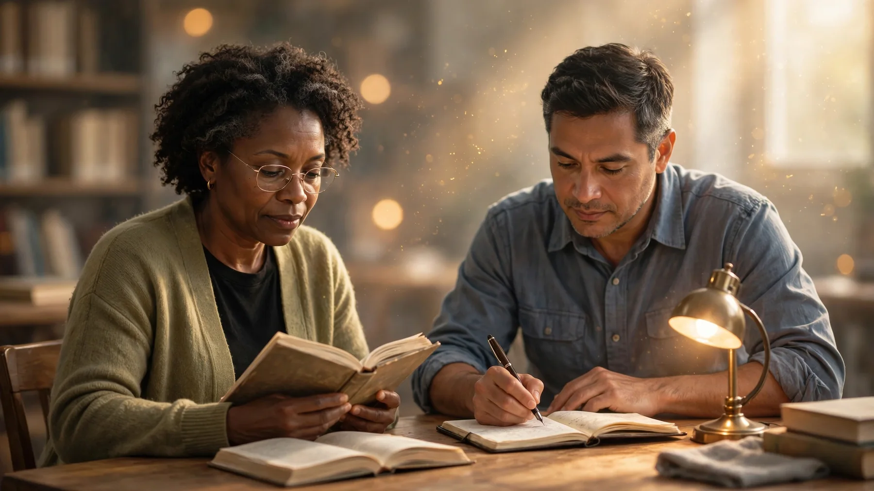 Two adults reading and taking notes together at a wooden table in warm morning light.