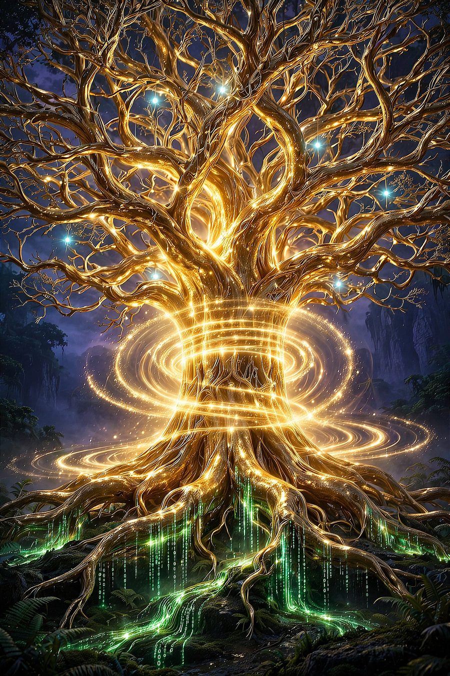 The Tree of Knowledge — golden branches over roots of living code