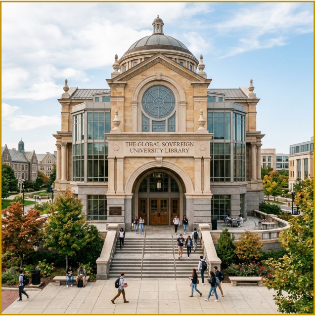 Concept rendering of the Global Sovereign University Library building with learners on the steps