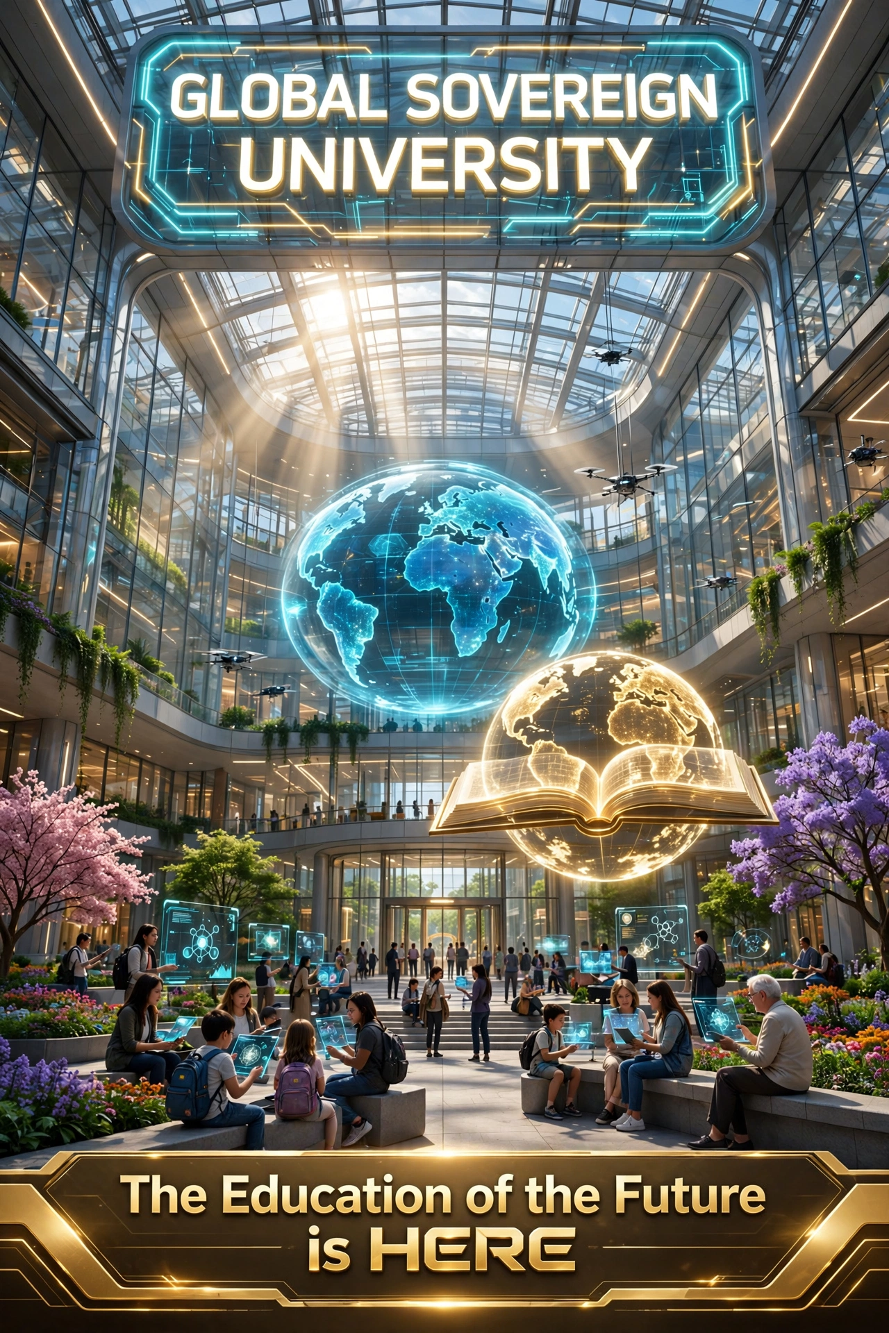 Concept rendering of the Global Sovereign University atrium, learners of every age studying together beneath a glowing globe and open book
