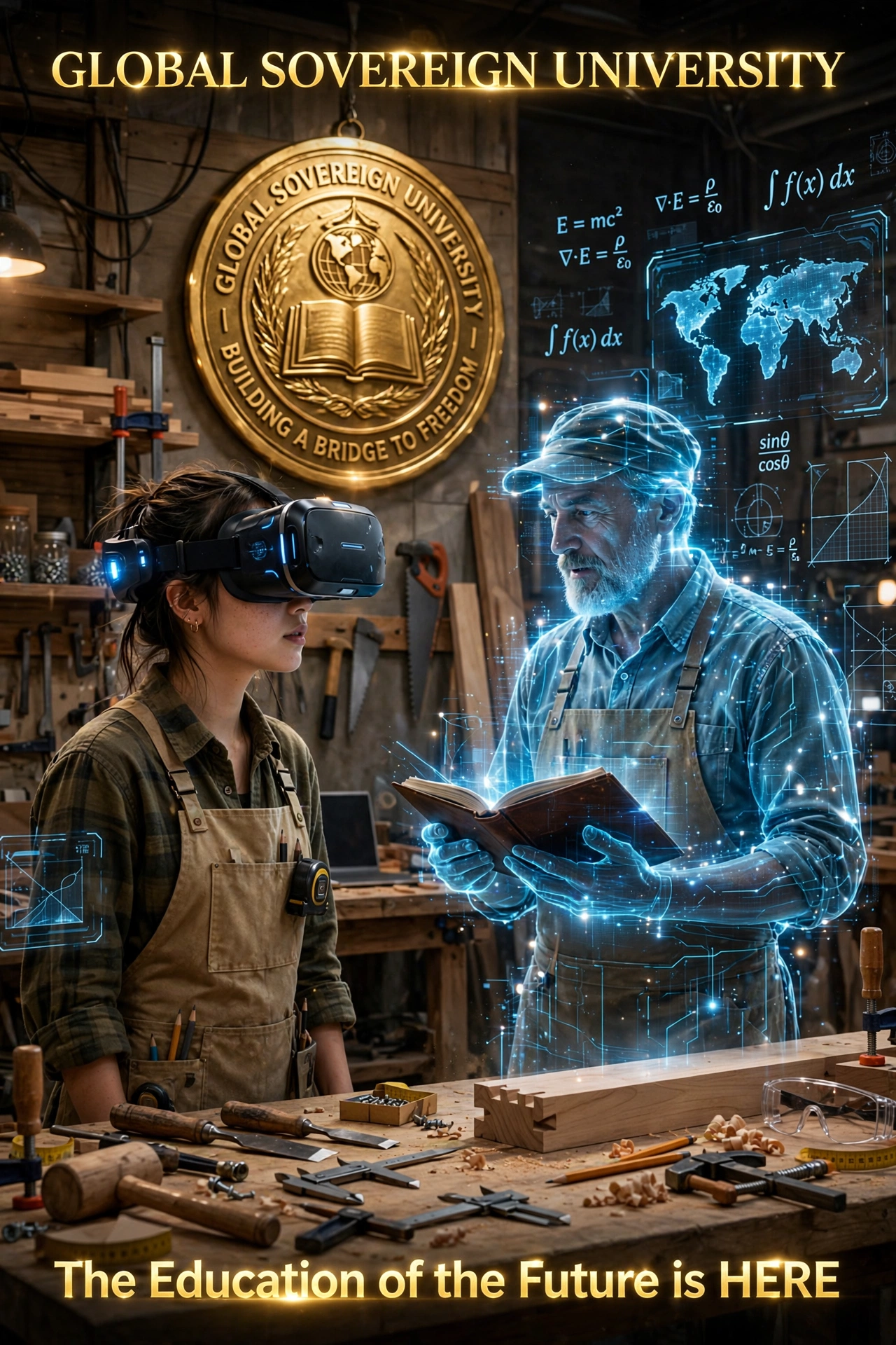 Concept rendering of a GSU trades workshop where an apprentice works alongside a holographic master craftsman