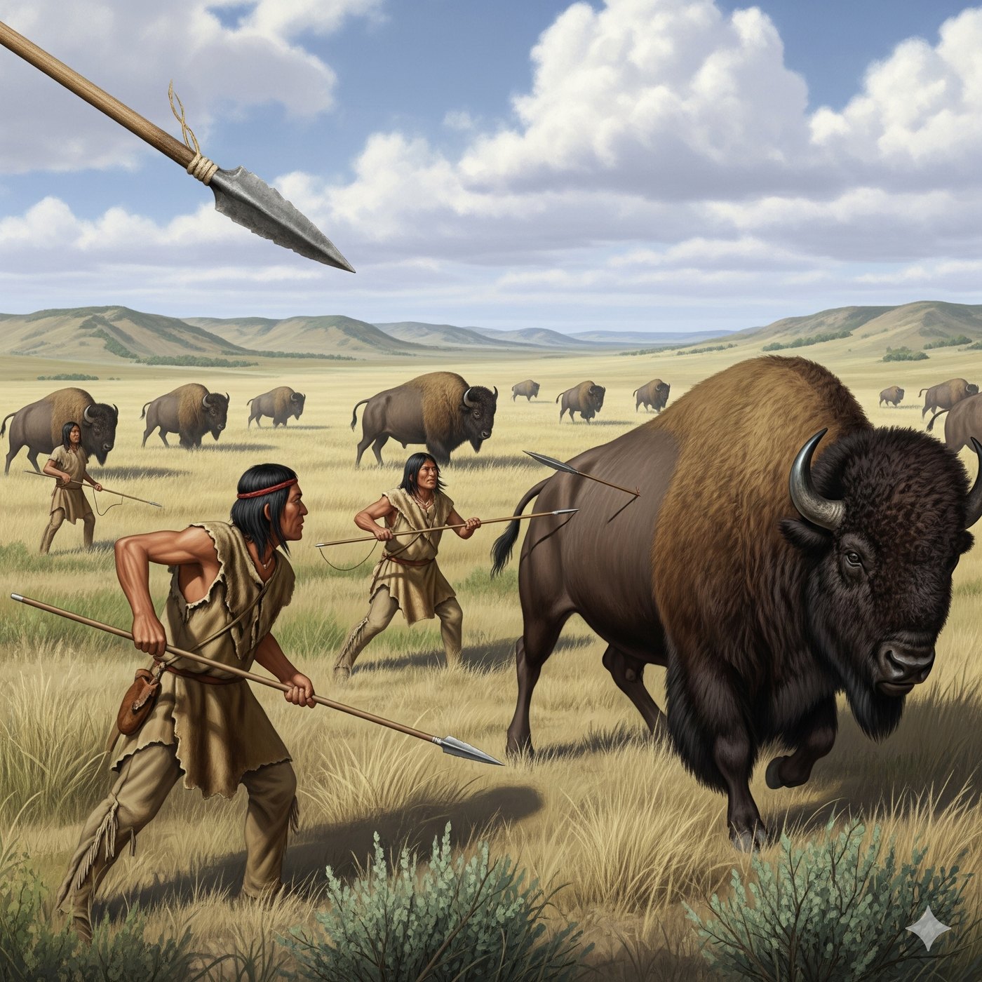 Plains hunters closing on a bison herd with spears beneath an open sky
