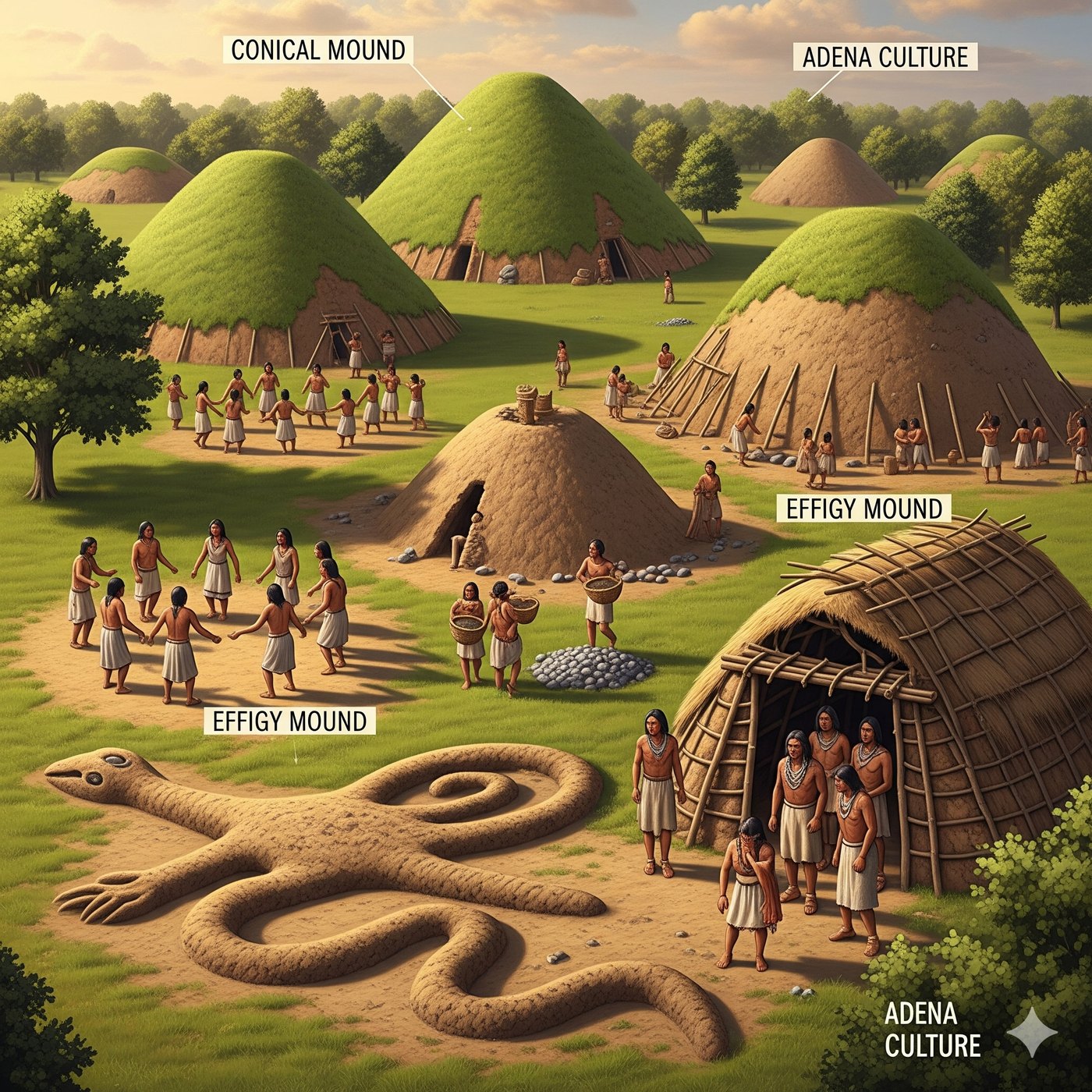 An Adena settlement of conical and effigy earthworks with people gathered among them
