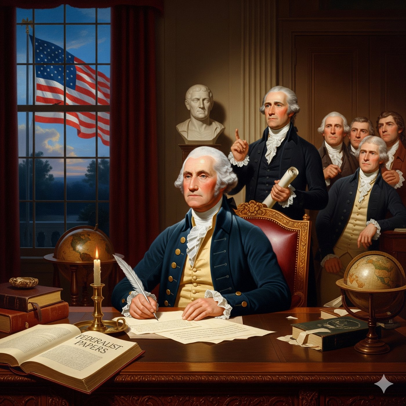 The founding generation at work over papers, with the Federalist Papers open on the desk