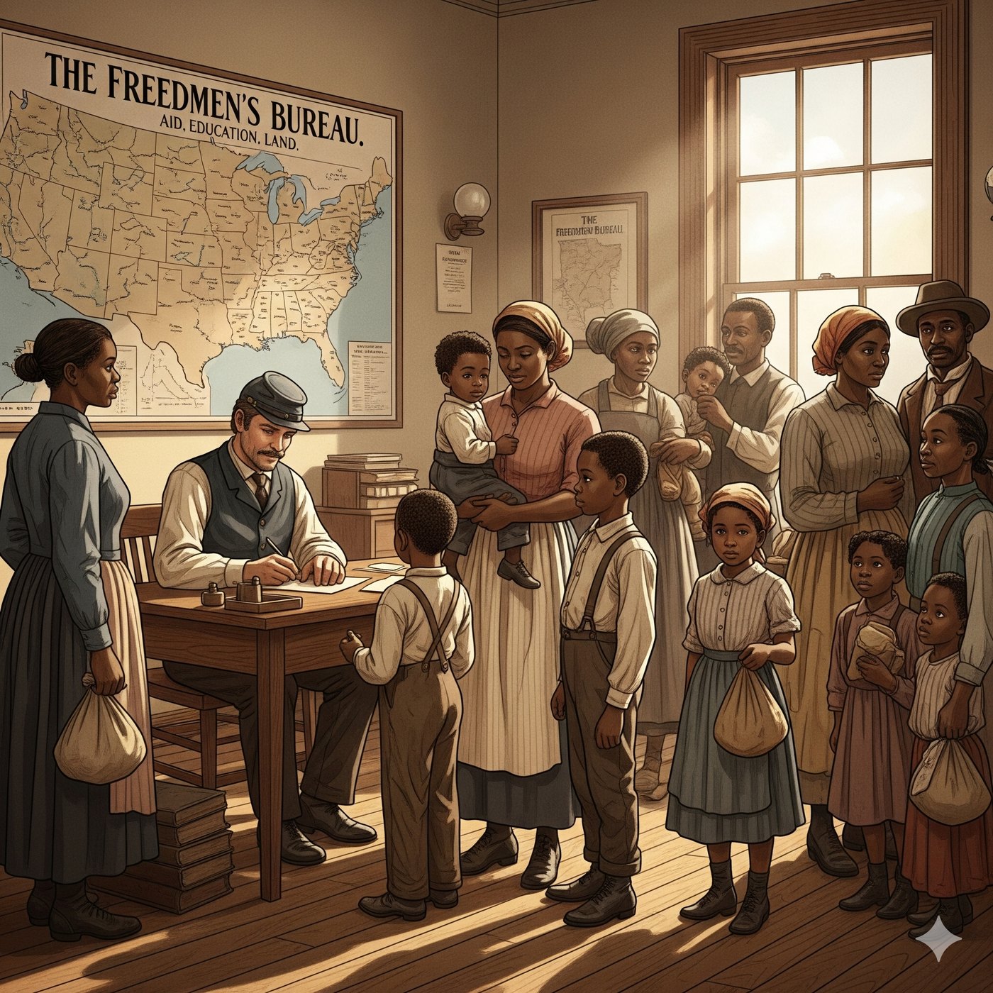 Families waiting at a Freedmen's Bureau office beneath a banner reading aid, education, land