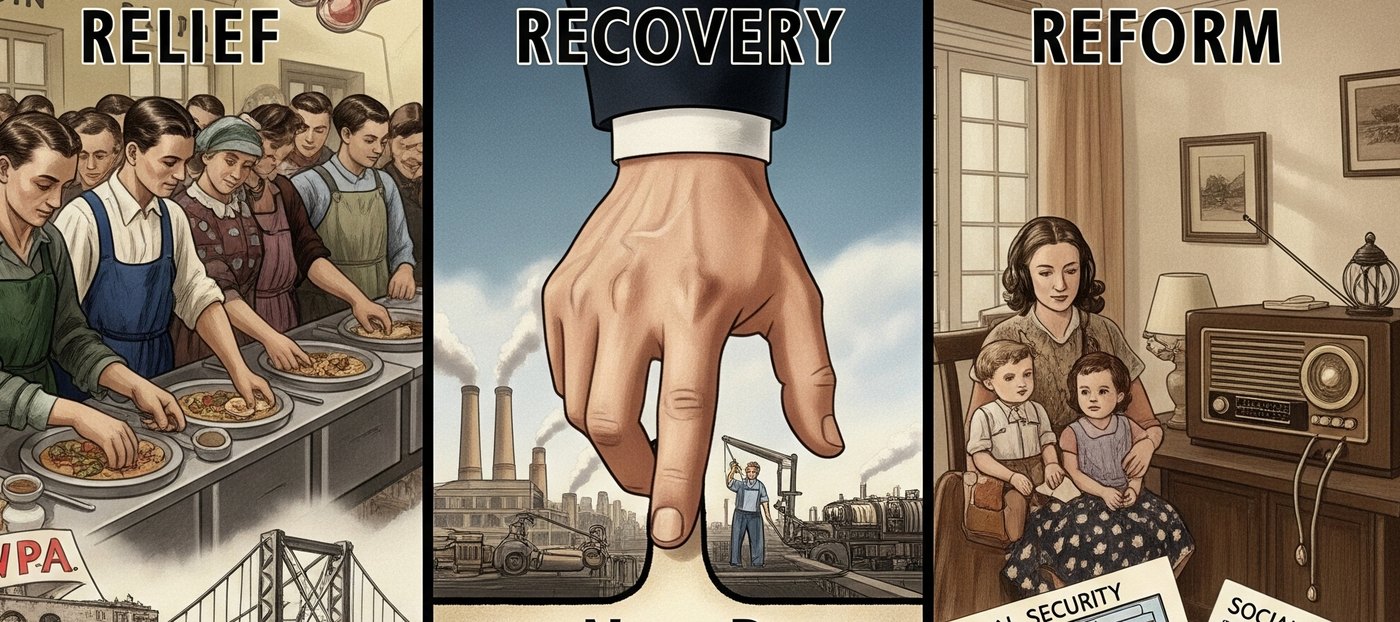 Three panels headed Relief, Recovery, and Reform showing a bread line, industry, and a family at home