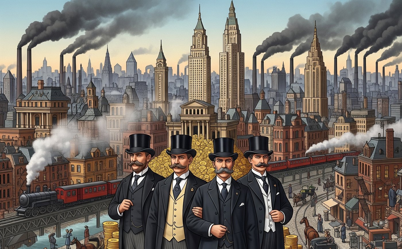 Industrialists in top hats before a smokestack skyline, elevated trains, and heaped gold