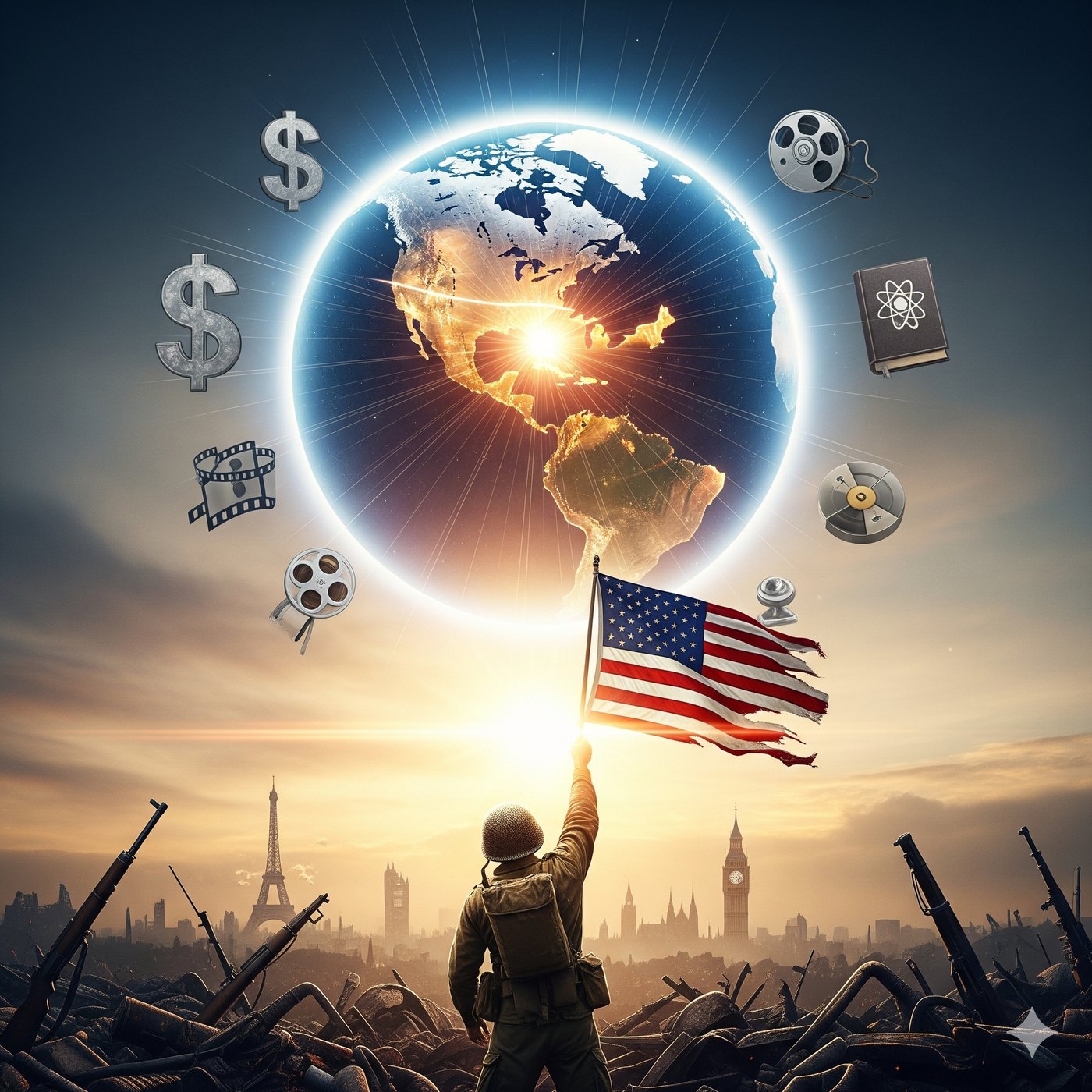 A soldier raising the flag over a ruined skyline as a lit globe rises behind him