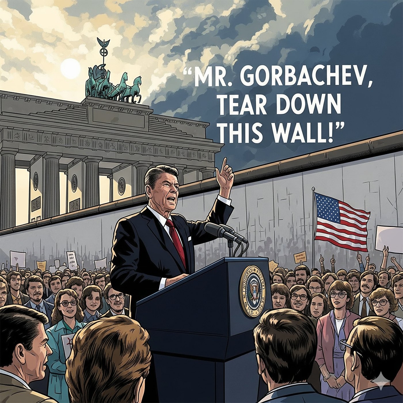 President Reagan speaking at the Brandenburg Gate before the Berlin Wall