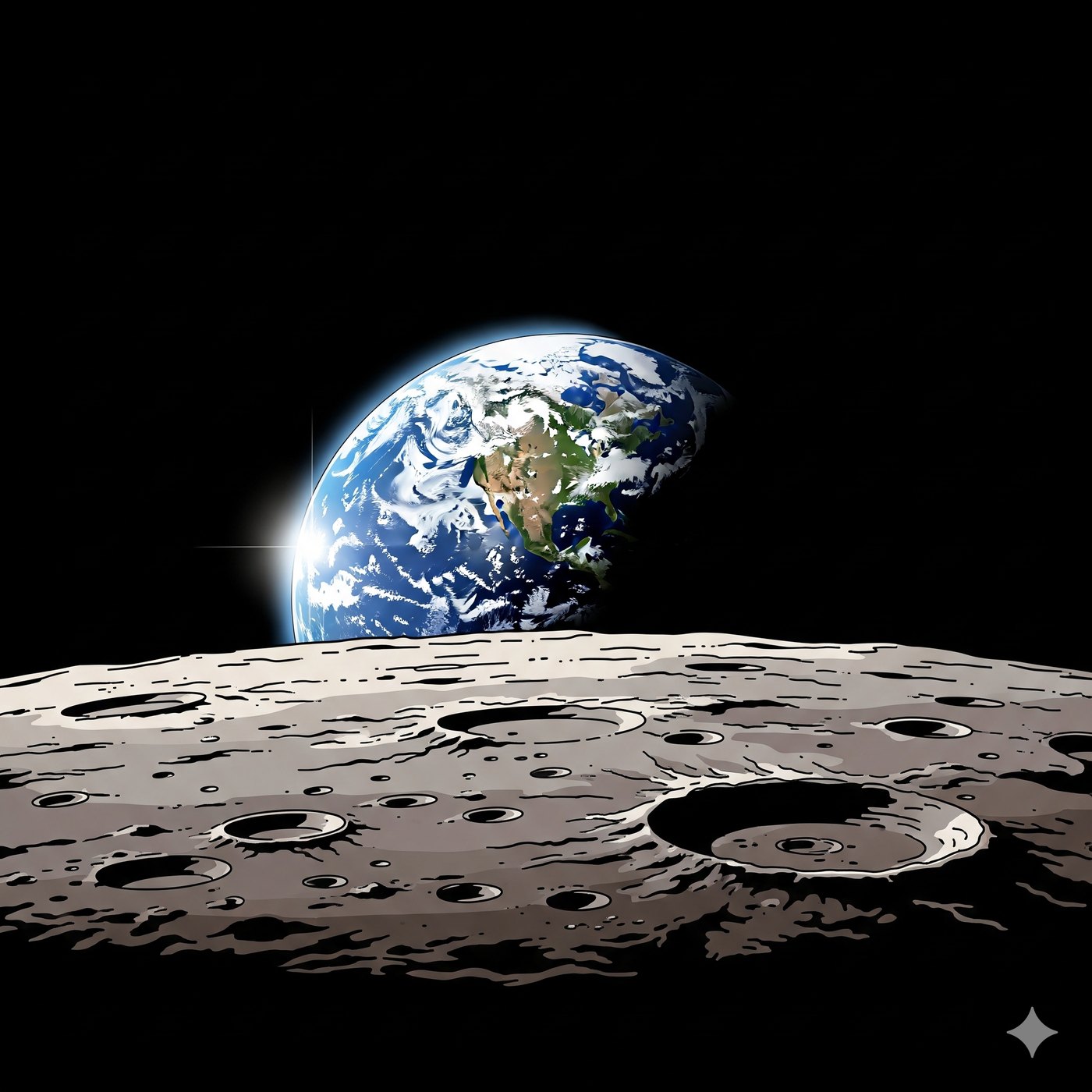 The Earth rising above the cratered surface of the moon against black space