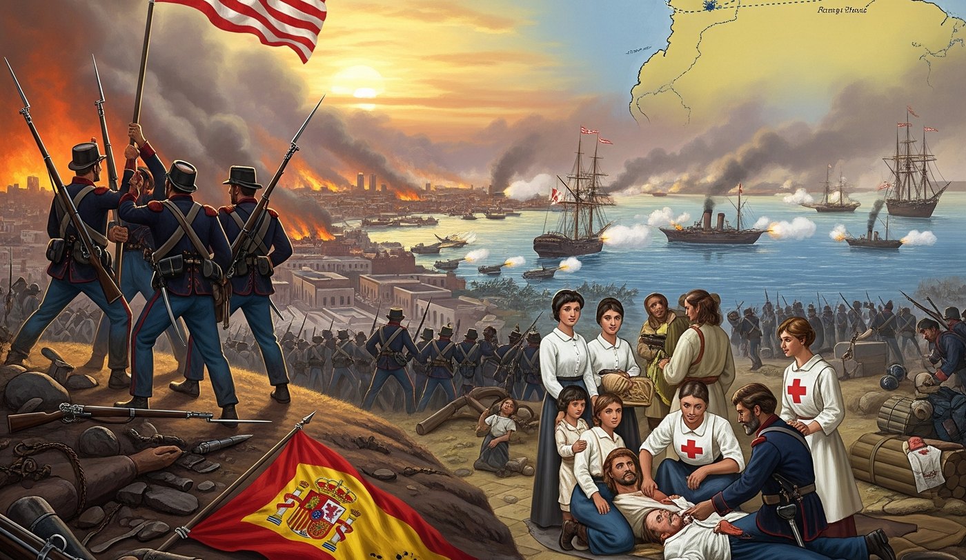 Soldiers raising the flag above a harbor as a fleet exchanges fire and nurses tend the wounded