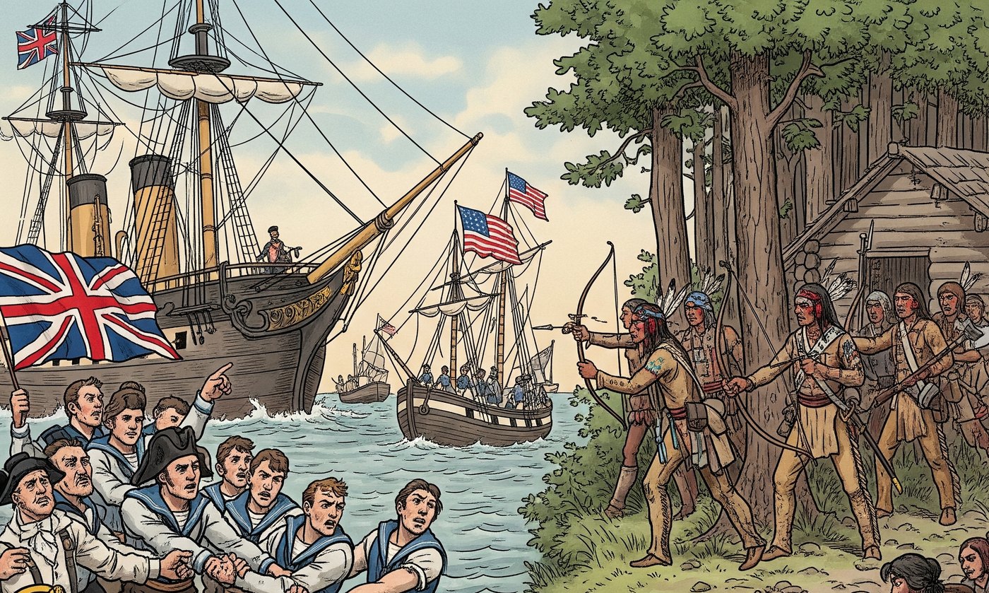 British and American ships offshore while sailors are seized and warriors gather at the treeline