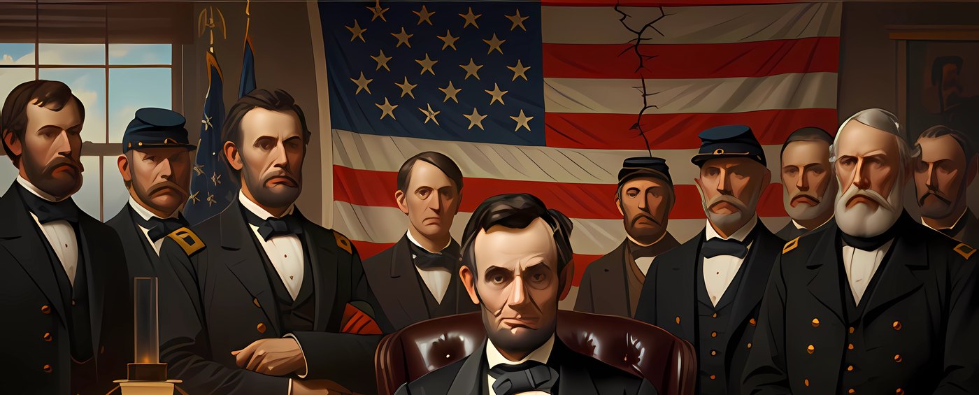 President Lincoln seated before his cabinet and a torn national flag