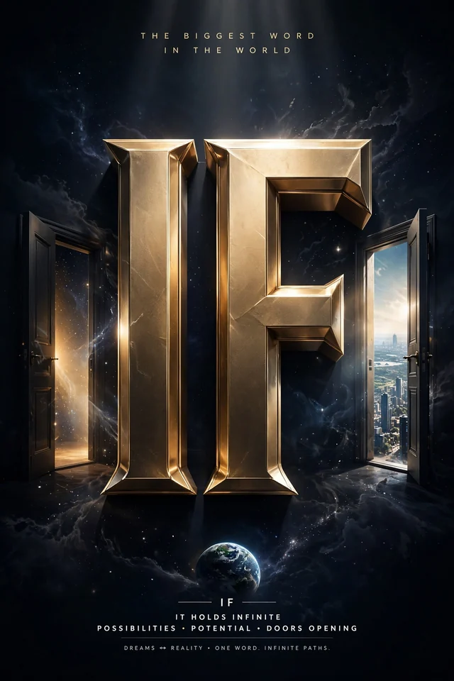 The word IF in gold, standing between two open doors onto other worlds