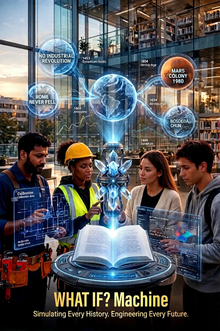 The What If Machine: learners and tradespeople gathered around a glowing machine projecting alternate histories