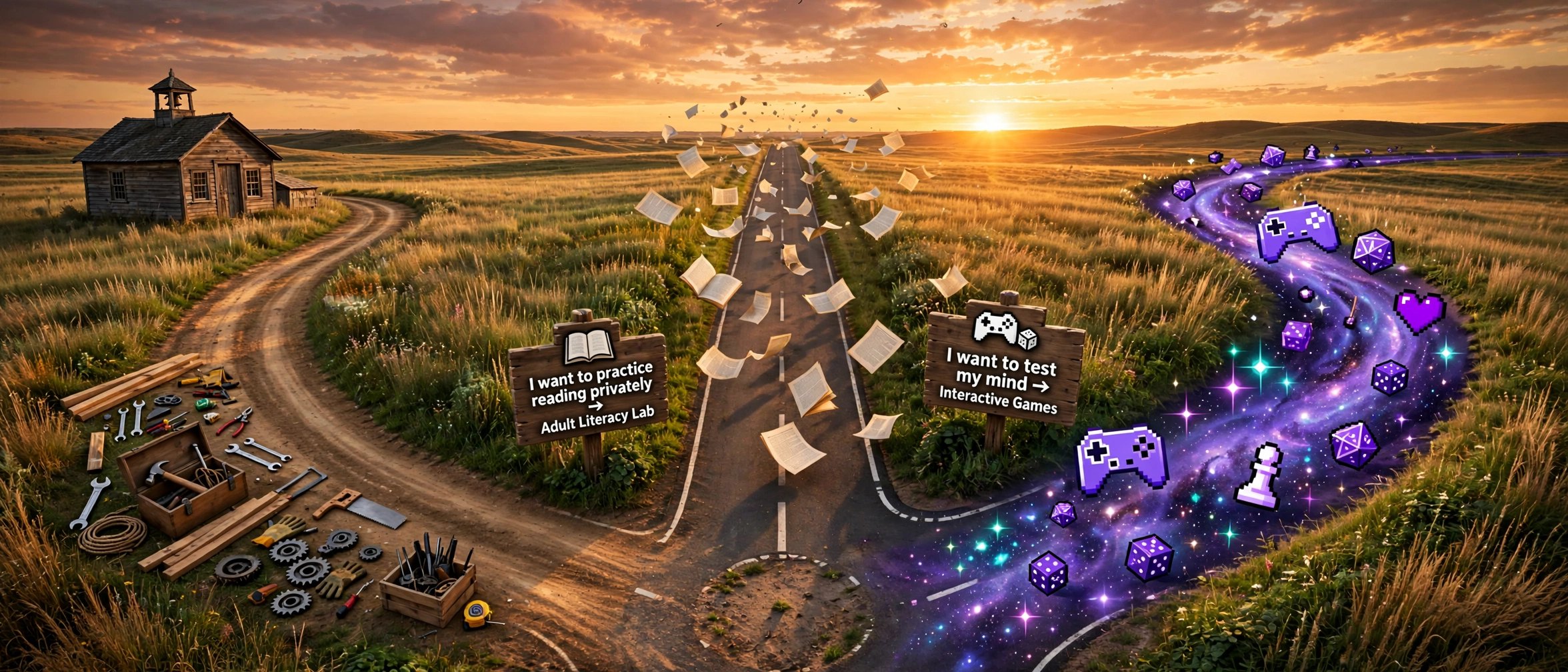 The Three Roads of Global Sovereign University: painted signposts where three roads part — the trades, essential skills, and the mind — every road free