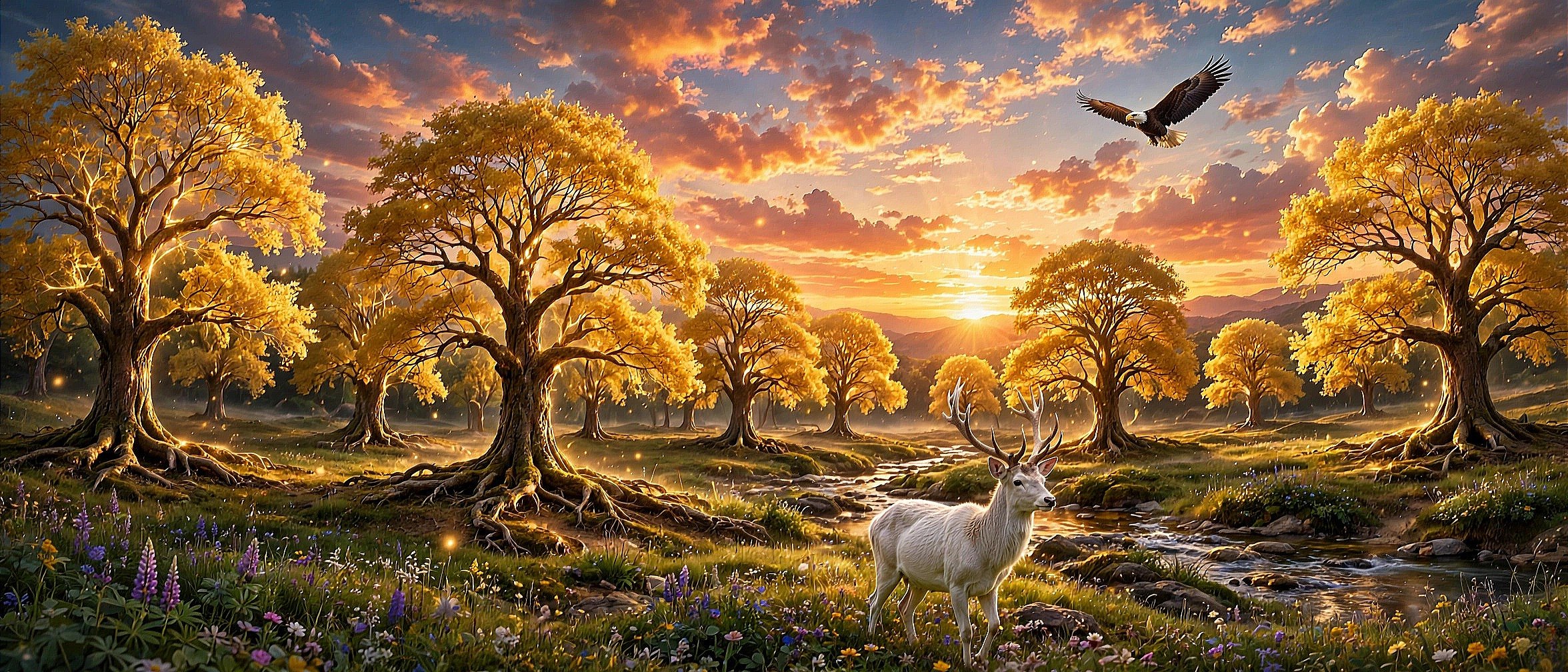 A grove of golden trees at sunrise beside a stream, with a white stag standing in the wildflowers and an eagle overhead
