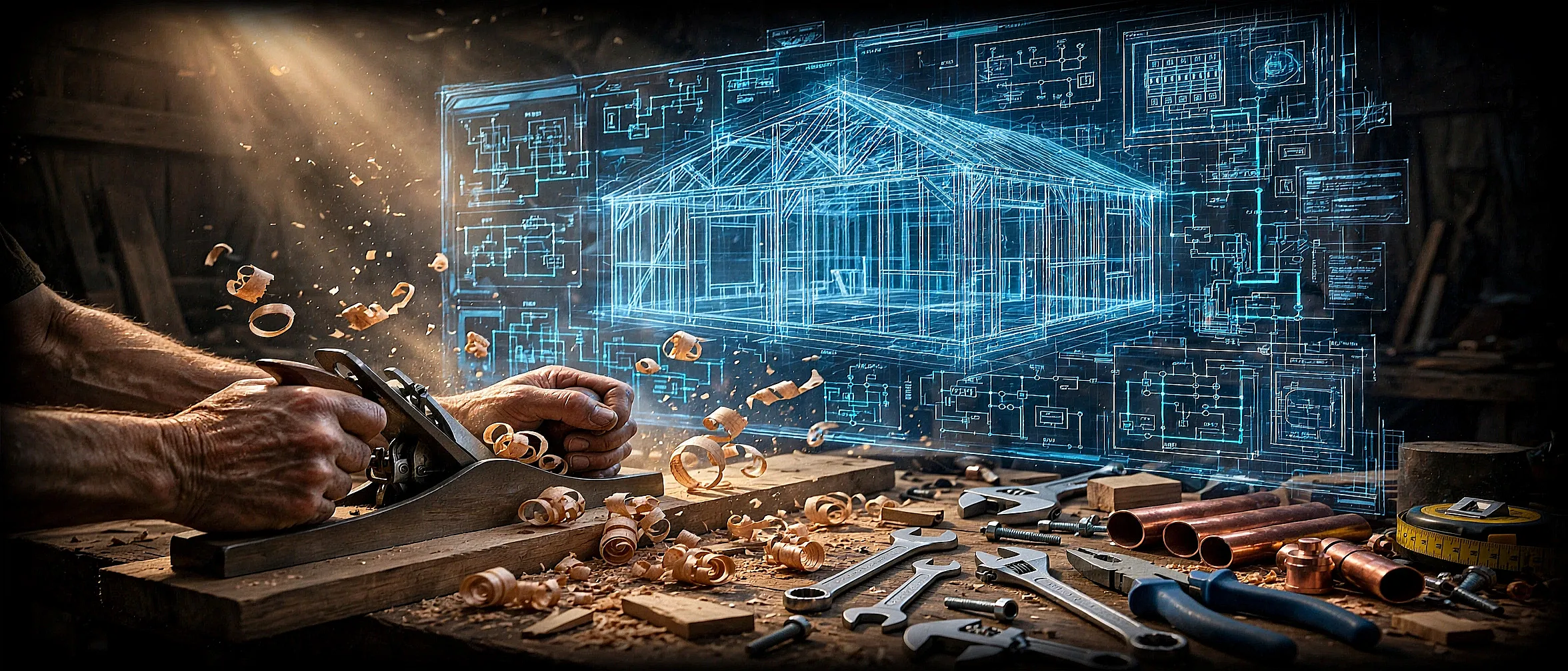 A craftsman studies a glowing holographic blueprint of a house — the trades, mastered by hand and mind