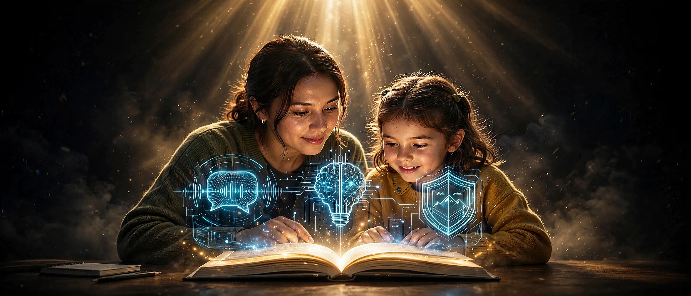 A mother and daughter reading a glowing book together