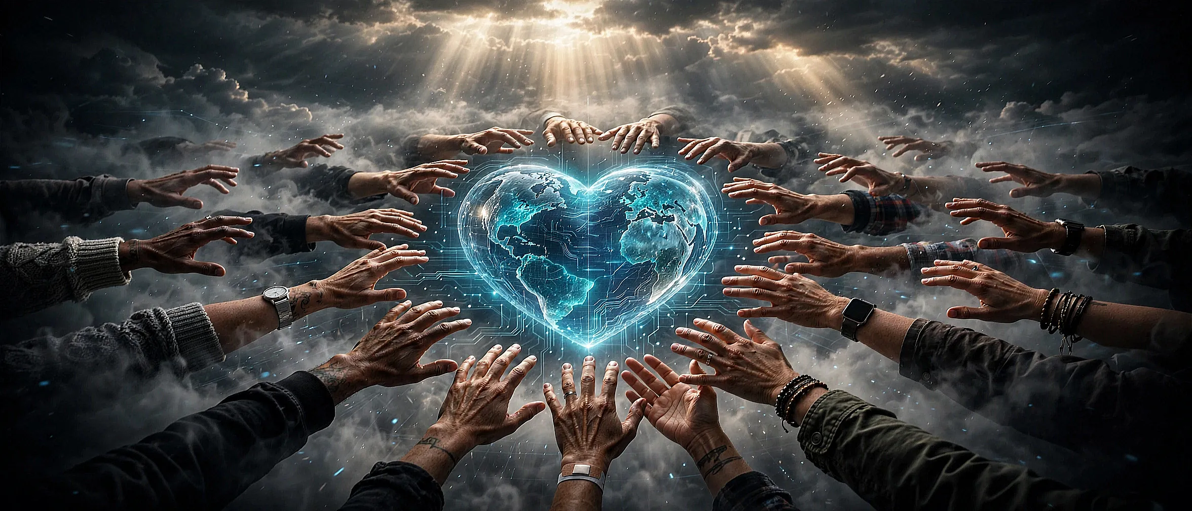 Many hands of every age reaching toward a glowing heart-shaped Earth