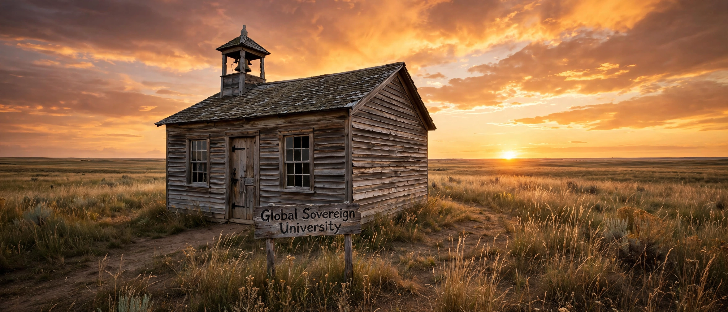 A weathered one-room prairie schoolhouse at sunset with a Global Sovereign University sign