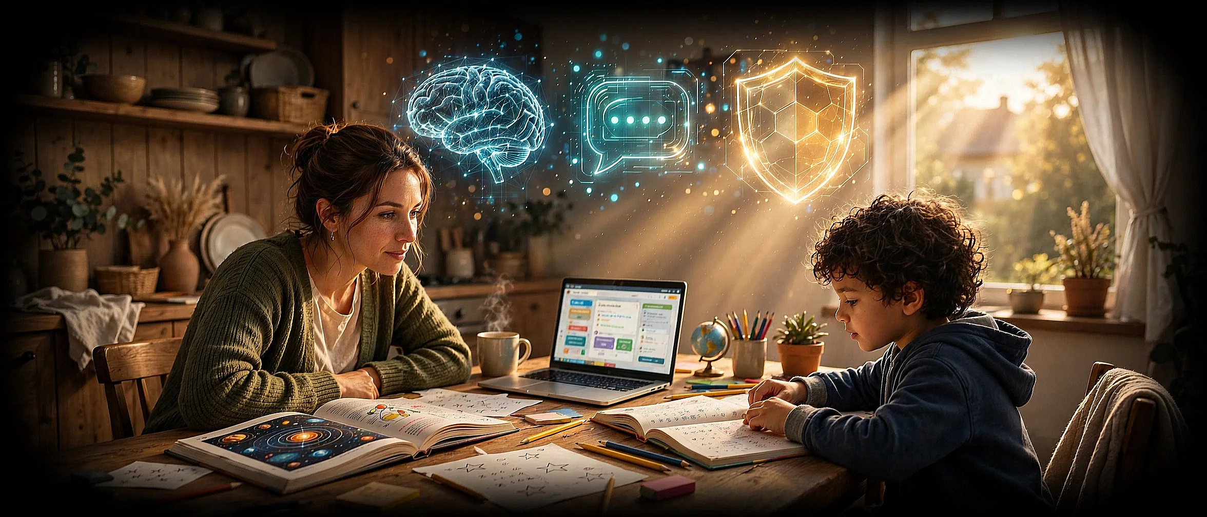 A mother and son learning together at the kitchen table with books and a laptop