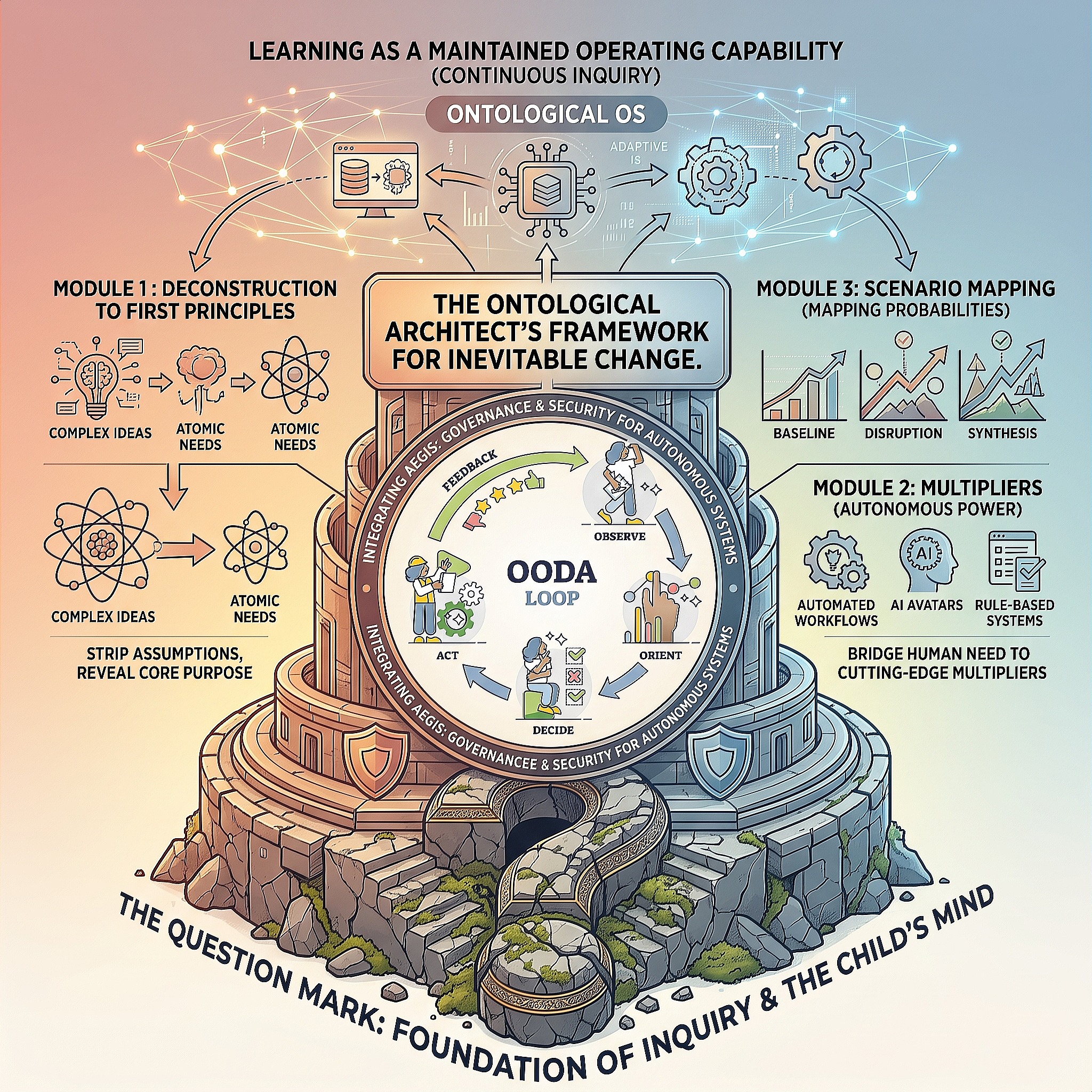 The Ontological OS diagram: the Architect's Framework for inevitable change — the OODA Loop ringed by AEGIS governance, atop three modules (Deconstruction to First Principles, Multipliers, Scenario Mapping), founded on the Question Mark: the foundation of inquiry and the child's mind.