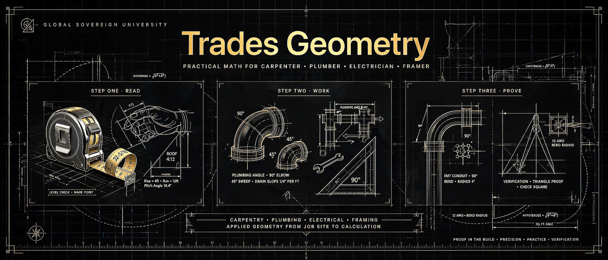 Trades Geometry — practical math for the carpenter, plumber, electrician and framer: tape measure and roof pitch, pipe angles and conduit bends, and checking your work square