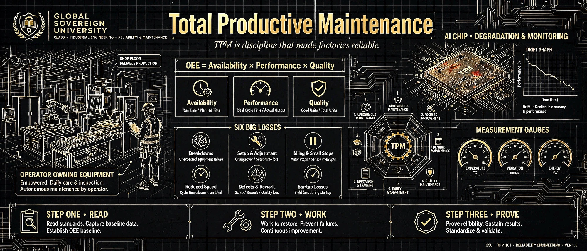 Total Productive Maintenance — OEE as availability times performance times quality, the six big losses, the eight pillars, and an operator who owns the equipment