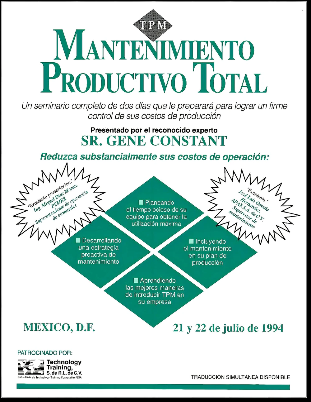 1994 seminar poster: Mantenimiento Productivo Total, presented by Sr. Gene Constant, Mexico D.F., 21 and 22 July 1994