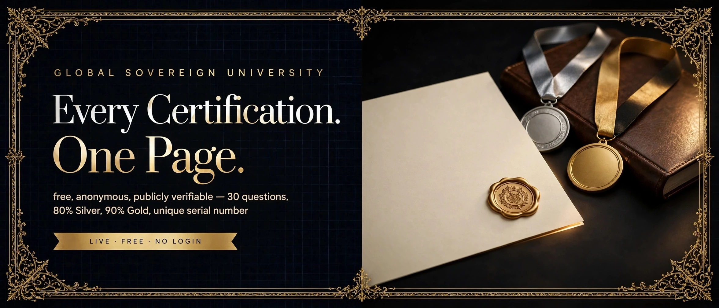 Every Certification. One Page. Global Sovereign University — free, anonymous, publicly verifiable: 30 questions, 80% for Silver, 90% for Gold, unique serial number. Live, free, no login.