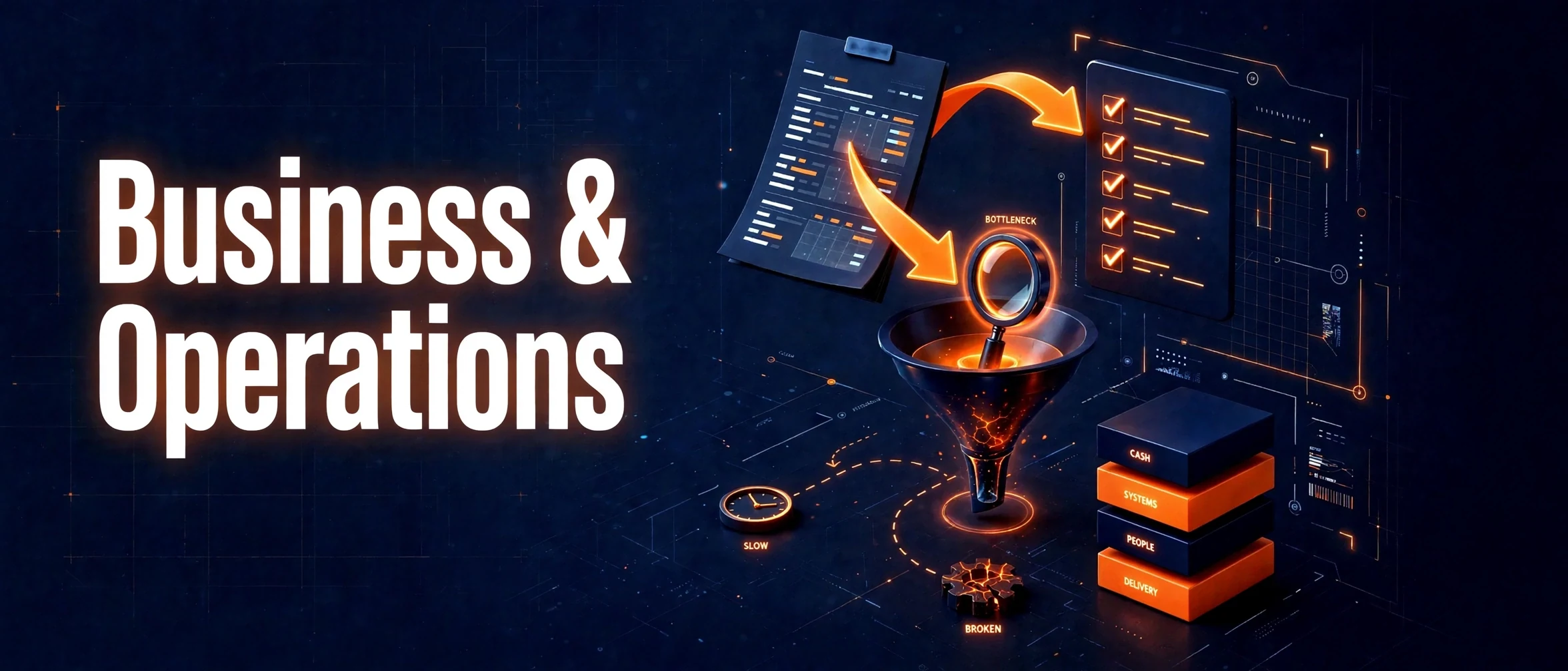 Business and Operations at Global Sovereign University — a report feeding into a funnel narrowing to a single bottleneck, and out to a checklist, over blocks marked cash, systems, people and delivery