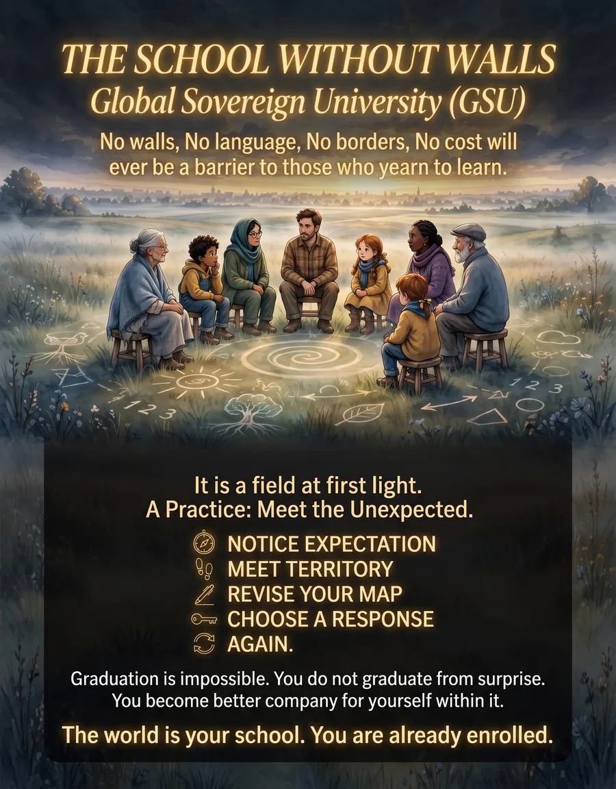 The School Without Walls, Global Sovereign University. No walls, no language, no borders, no cost will ever be a barrier to those who yearn to learn. People of every age sit in a circle in a field at first light. A practice, meet the unexpected: notice expectation, meet territory, revise your map, choose a response, again. Graduation is impossible. You do not graduate from surprise. You become better company for yourself within it. The world is your school. You are already enrolled.