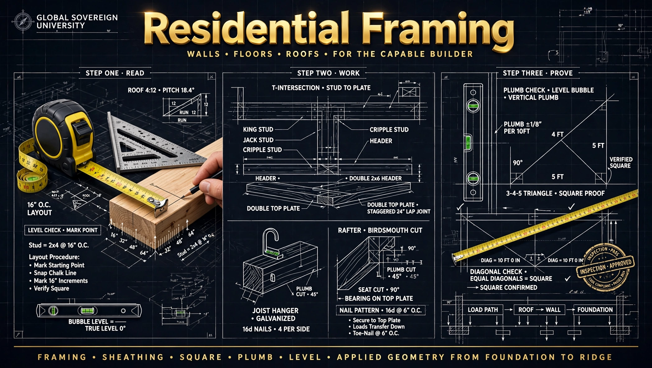 Residential Framing field reference: the 3-4-5 square proof, the 4:12 rafter with its 18.4 degree plumb cut and level seat cut, rafter-to-plate connection by toe-nail or hurricane tie, joist hangers and 16-inch on-center floor framing, the 24-inch lap header, and sheathing nail spacing.
