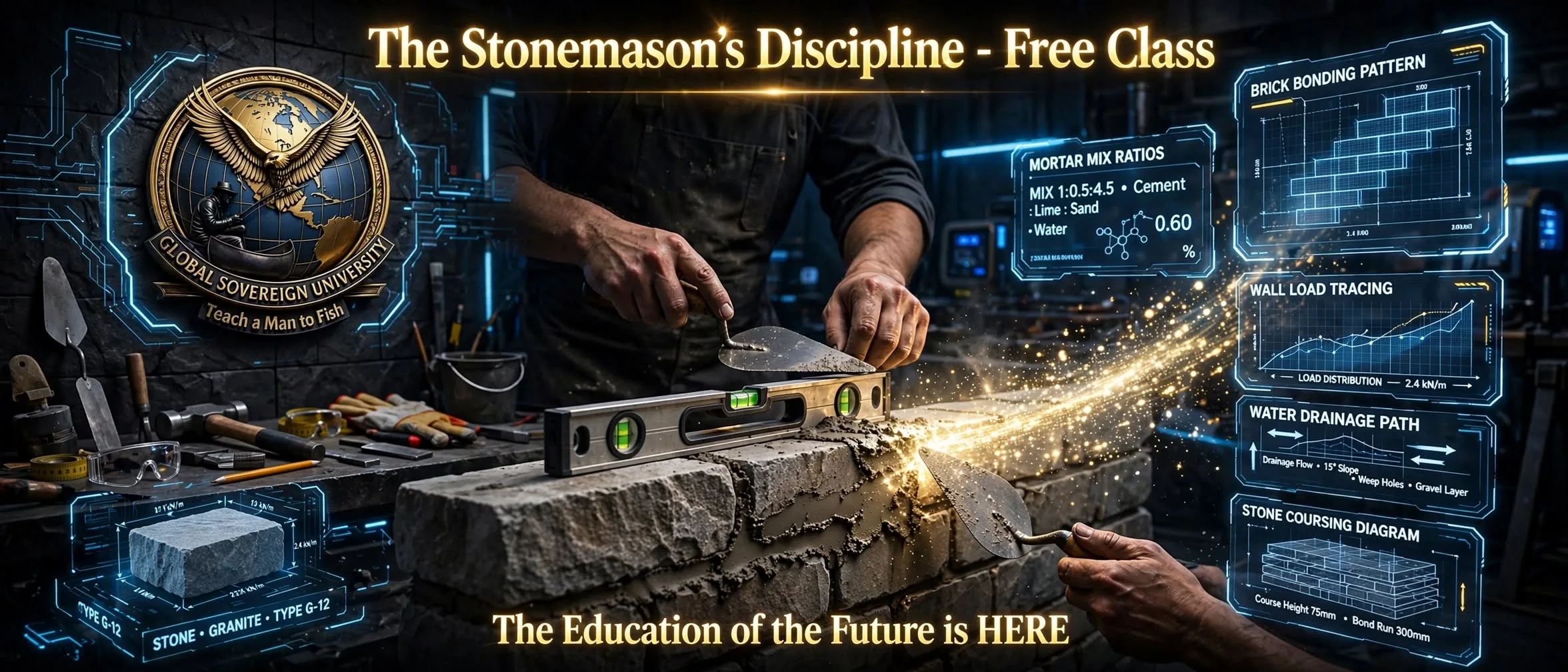 The Stonemason's Discipline free class: a mason laying stone, with diagrams of brick bonding, mortar mix, wall load and drainage