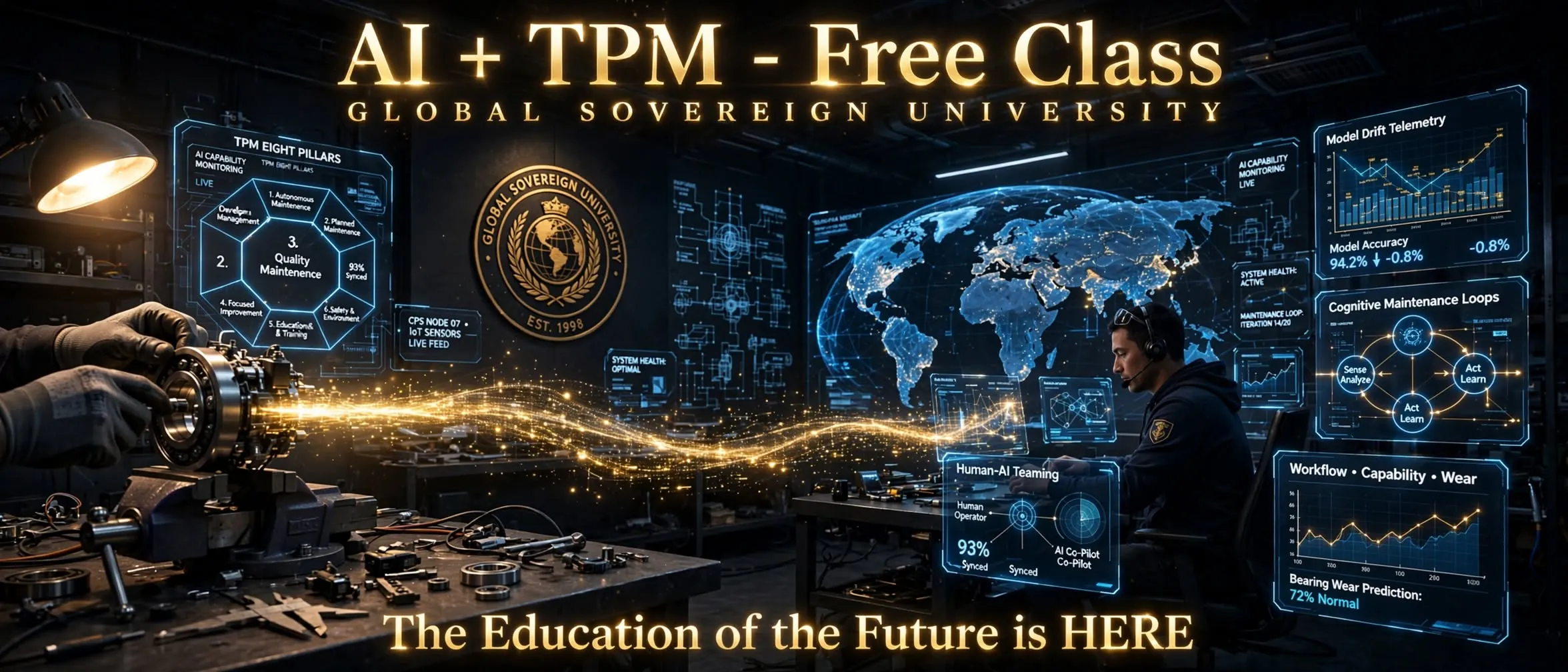 AI plus TPM, free class. A gloved hand holds a bearing assembly on a workbench while a stream of light carries its data to an operator at a console. Panels: the eight pillars of TPM, model drift telemetry, human-AI teaming, cognitive maintenance loops, and workflow, capability and wear trends with a bearing wear prediction.