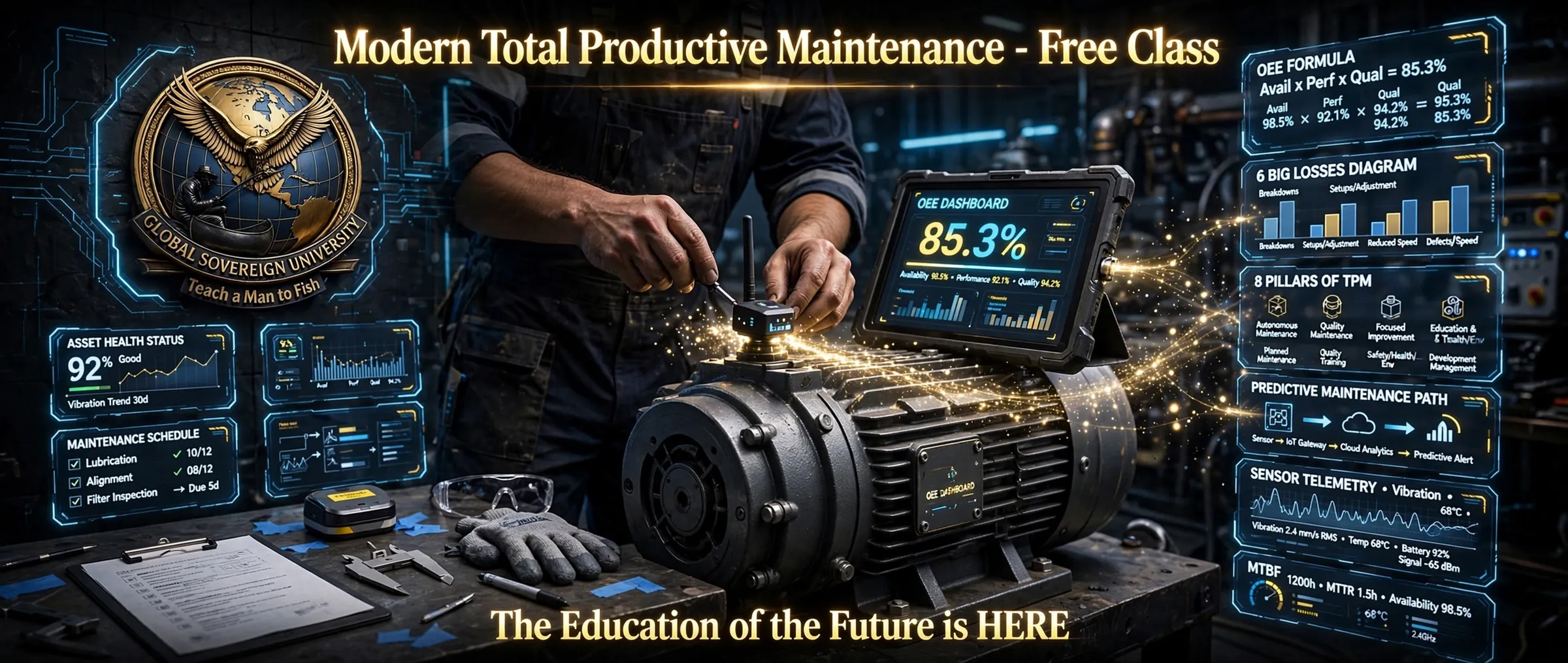 Modern Total Productive Maintenance, free class. A technician fits a wireless vibration sensor to an electric motor beside an OEE dashboard. Panels: the OEE formula, availability times performance times quality; the six big losses; the eight pillars of TPM; the predictive maintenance path from sensor to IoT gateway to cloud analytics to alert; sensor telemetry for vibration and temperature; MTBF, MTTR and availability; asset health and the maintenance schedule.
