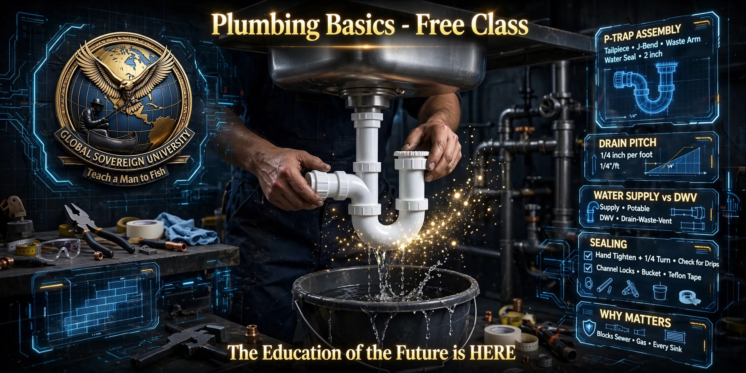 Plumbing Basics, free class. Hands fit a white P-trap under a sink above a bucket. Panels: the P-trap assembly, tailpiece, J-bend, waste arm and a two-inch water seal; drain pitch of a quarter inch per foot; water supply versus drain-waste-vent; sealing, hand tighten plus a quarter turn and check for drips; tools, channel locks and a bucket; why it matters, it blocks sewer gas.