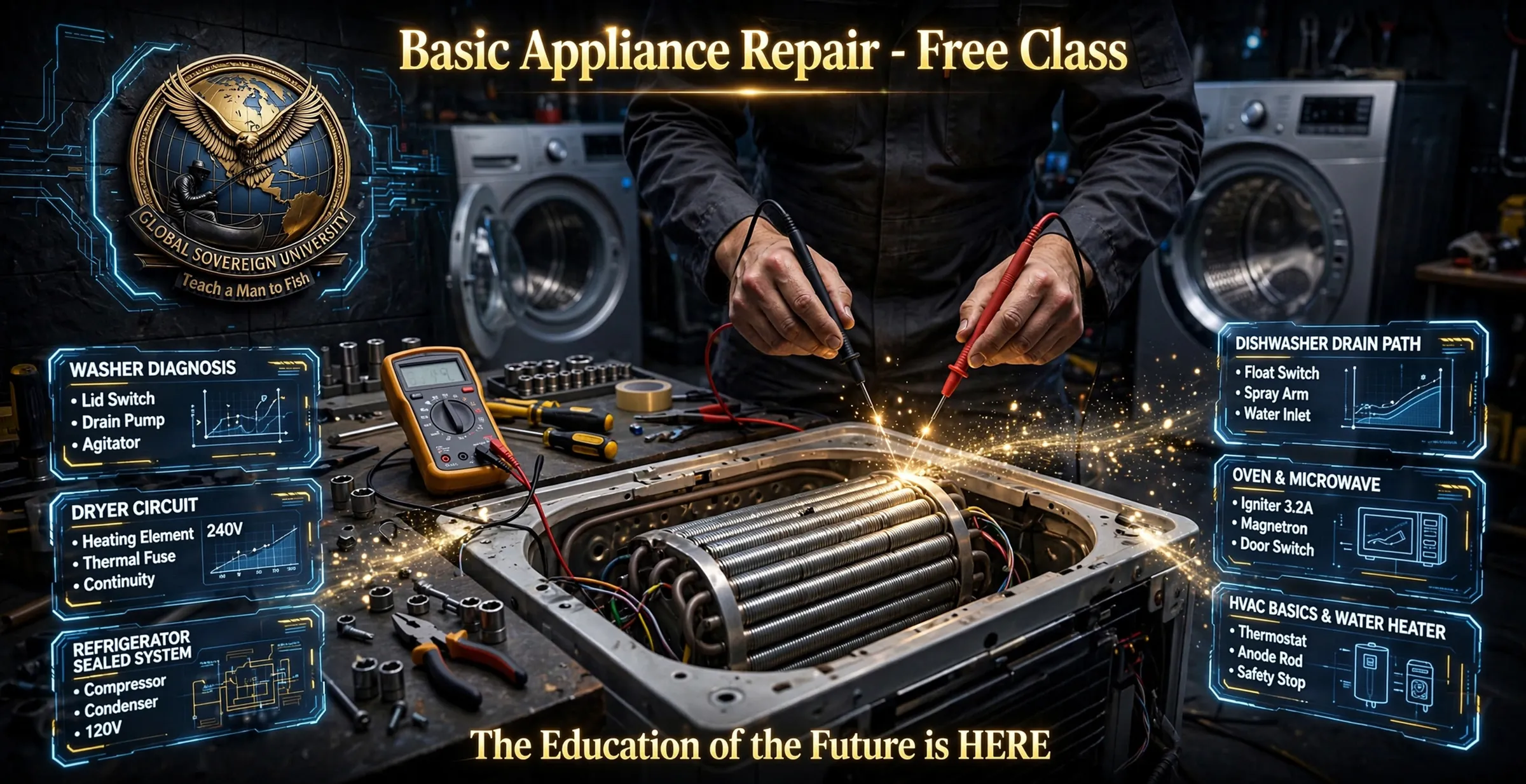 Basic Appliance Repair, free class. A technician tests a dryer heating element with a multimeter. Panels: washer diagnosis, lid switch, drain pump and agitator; dryer circuit, heating element, thermal fuse and continuity at 240 volts; refrigerator sealed system, compressor and condenser; dishwasher drain path, float switch, spray arm and water inlet; oven and microwave, igniter, magnetron and door switch; HVAC basics and water heater, thermostat, anode rod and the safety stop.