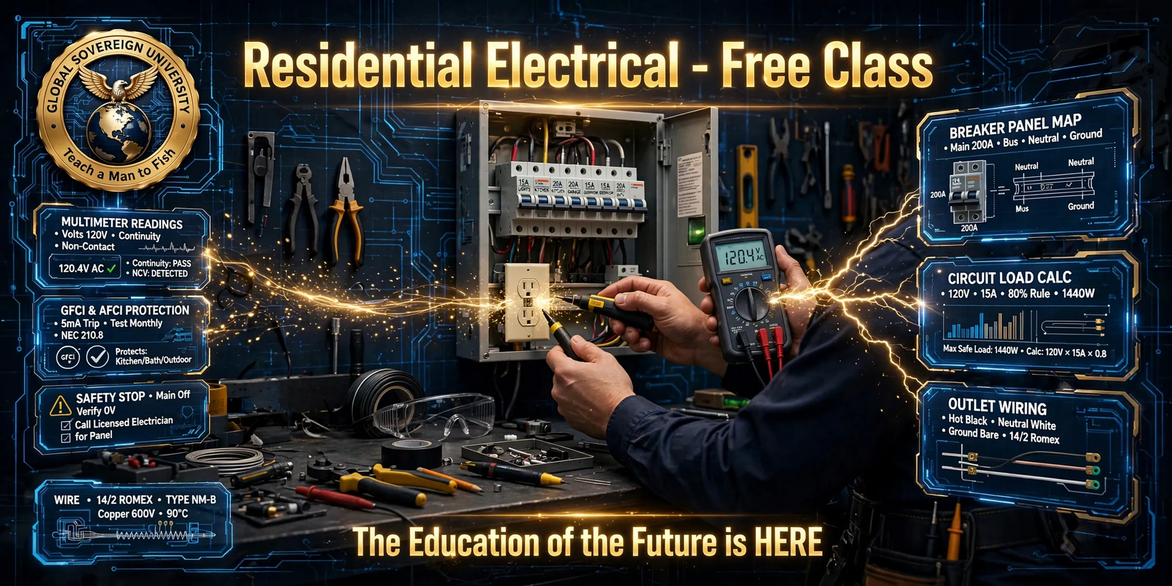 Residential Electrical, free class. A technician tests an outlet in front of an open breaker panel with a multimeter reading 120.4 volts AC. Panels: multimeter readings, voltage, continuity and non-contact testing; GFCI and AFCI protection; the safety stop, main off, verify zero volts, call a licensed electrician for the panel; 14/2 Romex type NM-B wire; the breaker panel map; the circuit load calculation, 120 volts times 15 amps times 0.8 equals 1440 watts; outlet wiring, hot black, neutral white, ground bare.