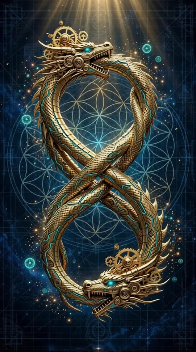 The Ouroboros, two jeweled golden serpents with gear-crowned heads, coiled into an infinity loop over a sacred-geometry field