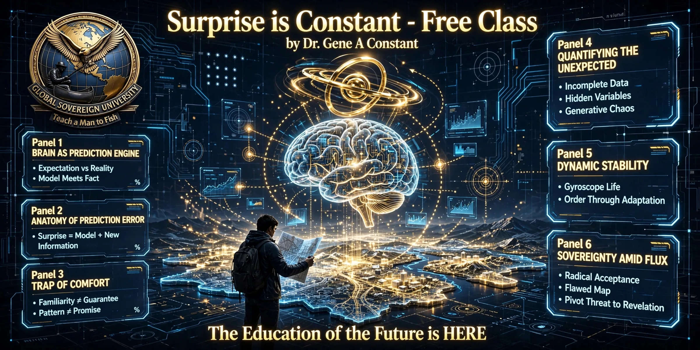 Surprise Is Constant, a free class by Dr. Gene A Constant: a traveler reads a glowing map beneath a brain drawn as a prediction engine, with panels on prediction error, the trap of comfort, quantifying the unexpected, dynamic stability and sovereignty amid flux
