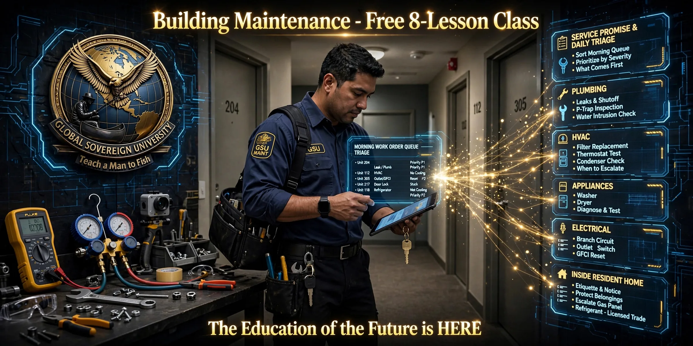 Building Maintenance, a free eight-lesson class from Global Sovereign University: a maintenance technician triages the morning work-order queue in an apartment hallway, with panels on plumbing, HVAC, appliances, branch electrical and working inside a resident's home.