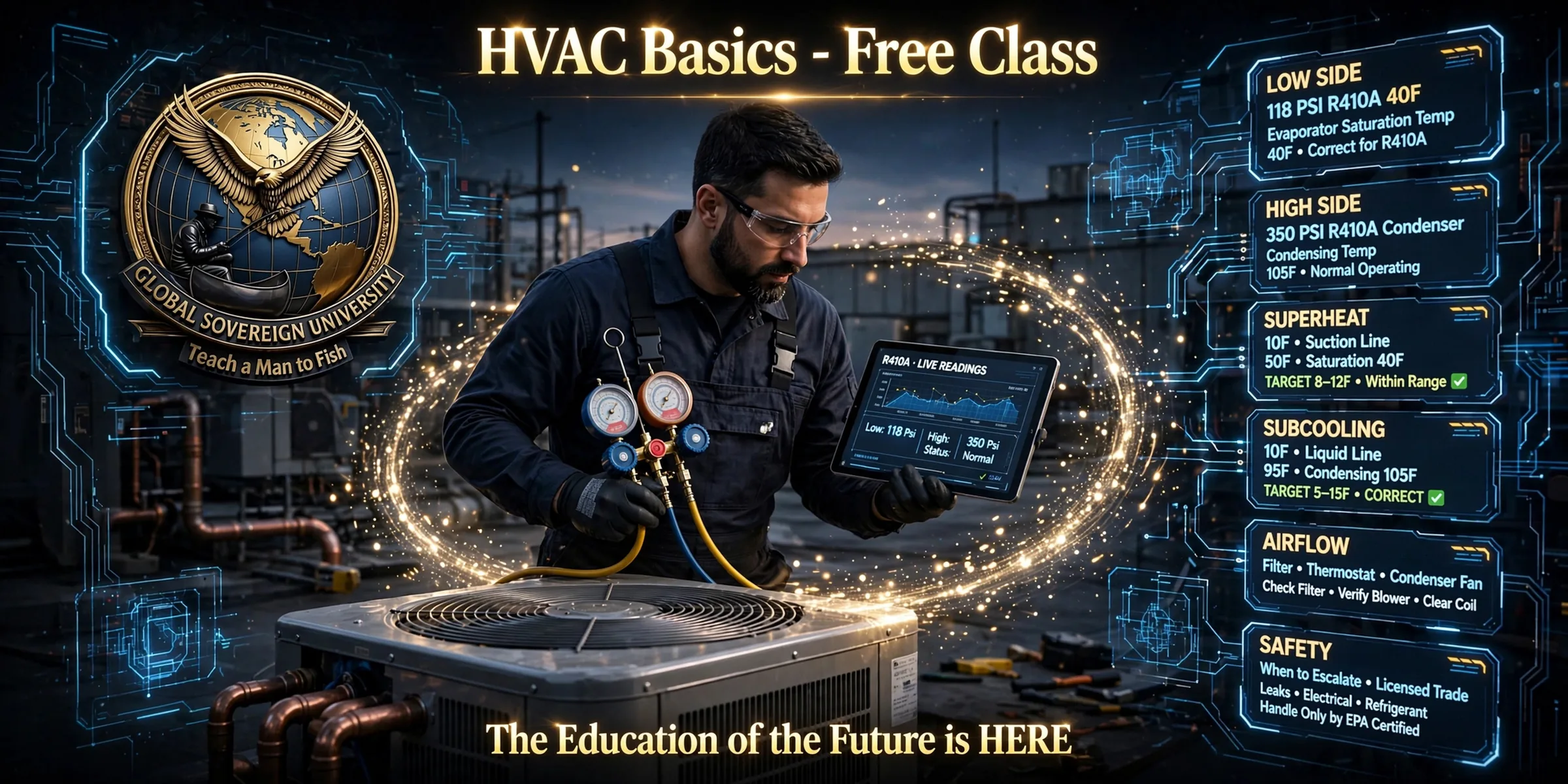 HVAC Basics, a free class from Global Sovereign University: a technician reads R-410A gauges at a condensing unit, low side 118 psi, high side 350 psi, superheat and subcooling of 10 degrees inside target.