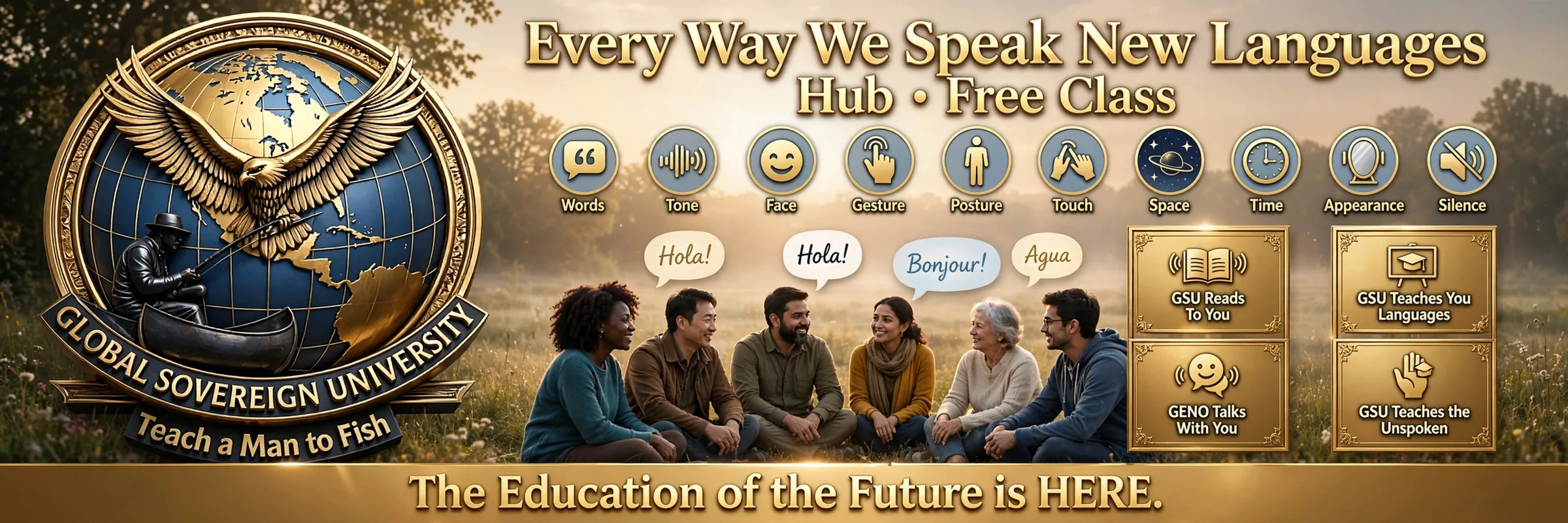 Every Way We Speak, a free class from Global Sovereign University: the ten channels of human communication and the four doors, GSU reads to you, GSU teaches you languages, GENO talks with you, and GSU teaches the unspoken.
