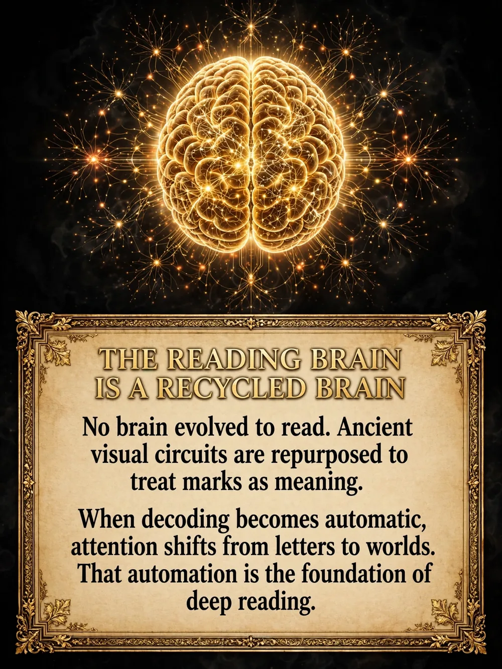 The reading brain is a recycled brain: no brain evolved to read. Ancient visual circuits are repurposed to treat marks as meaning. When decoding becomes automatic, attention shifts from letters to worlds.